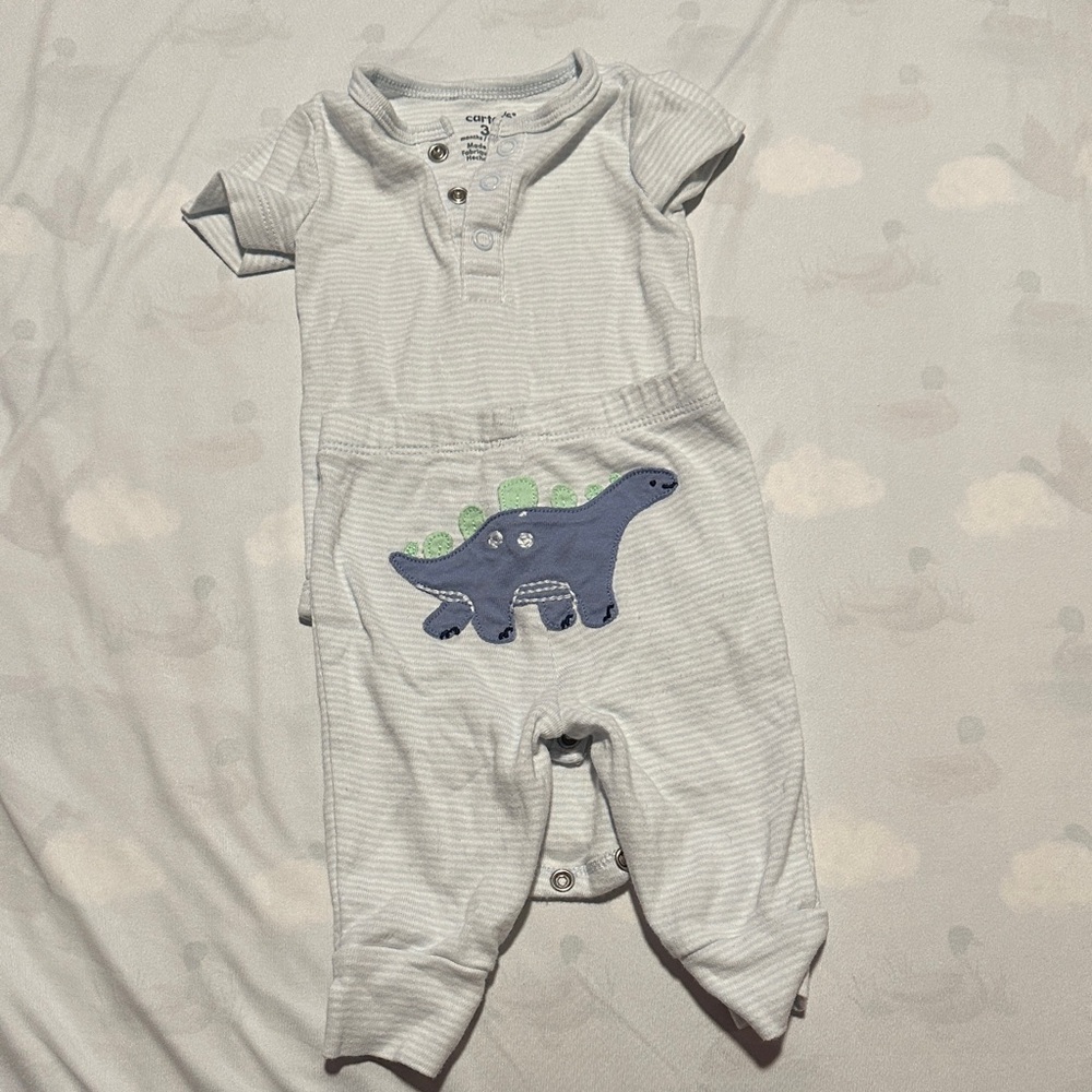 Striped Baby Outfit with Dinosaur Patch on Bottom
